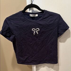 Dark Navy Blue Cropped Bow Graphic Short Sleeve Tee Size S Women's